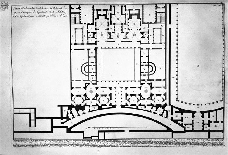 The Roman antiquities, t. 1, Plate XLIV. Plan of Mount Capitoline and its fortress; Perspective of the two horns or stones that stood in the sides of the Capitoline, 1756 - Джованні Баттіста Піранезі