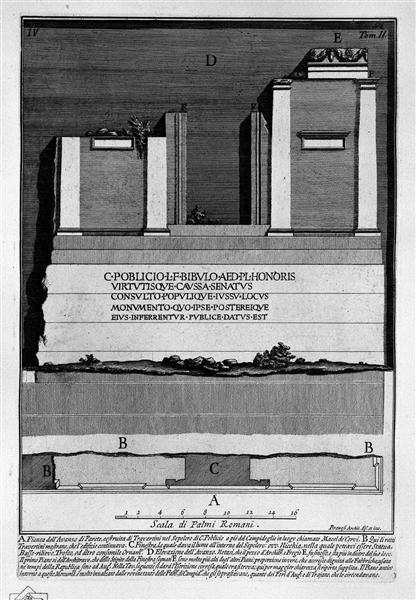 The Roman antiquities, t. 2, Plate IV. Plan and elevation of the `surplus of wall in the tomb of C. Poblicio at the foot of the Capitol in a place called Macel de `Corvi., 1756 - 皮拉奈奇