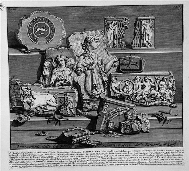 The Roman antiquities, t. 3, Plate XXIX. Fragments of sculptures and various objects found in burial chambers above. - Giovanni Battista Piranesi
