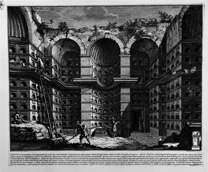 The Roman antiquities, t. 3, Plate XXVI. View in perspective of a previous goal of the burial chamber (Drawing by Antonio Buonamici, inc. By Girolamo Rossi). - Giovanni Battista Piranesi