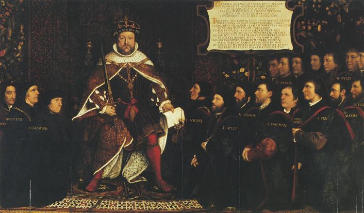 Henry VIII handing over a charter to Thomas Vicary, commemorating the joining of the Barbers and Surgeons Guilds, 1541 - Hans Holbein, o Jovem