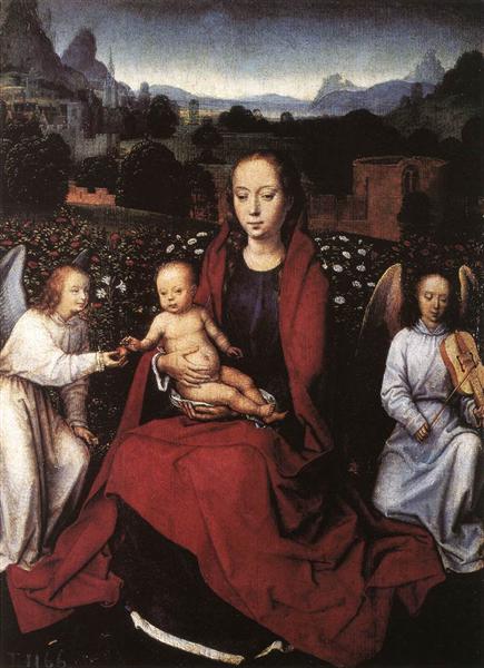 Богородица с младенцем в розовом саду с двумя ангелами, c.1480 - Ганс Мемлинг
