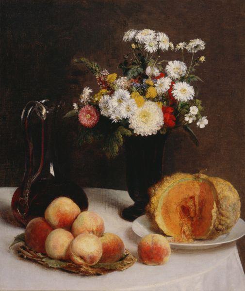 Still Life with a Carafe Flowers and Fruit - Анрі Фантен-Латур