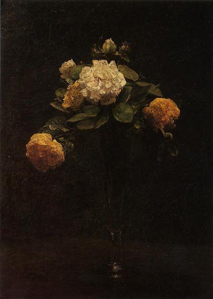 White and Yellow Roses in a Tall Vase, 1876 - 方丹‧拉圖爾