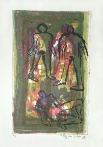 'Three figures in the green' - lithography fine print art, 1995; graphic artist Hilly van Eerten, 1995 - Hilly van Eerten