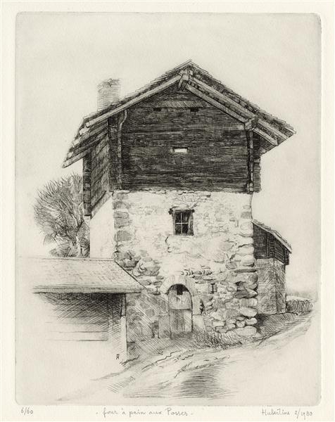 Four à pain aux Posses - etching print of a mountain barn in canton Vaud, 1980 - Hubertine Heijermans