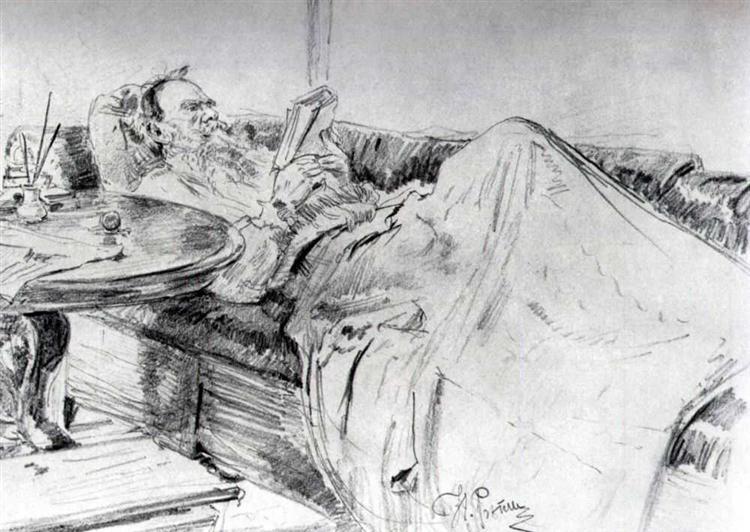 Leo Tolstoy reading, 1891 - Ilia Répine