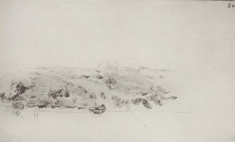 High riverbank with boat and planned bridge, 1890 - Isaak Levitán