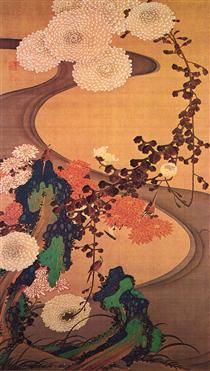 Chrysanthemums by a stream, with rocks - 伊藤若冲