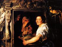 Servant with a fruit basket and a pair of lovers - Jacob Jordaens