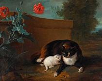 Chatte, chaton, chien et perroquet - Jean-Baptiste Oudry