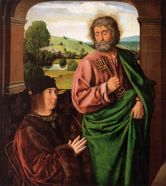 Peter II Duke of Bourbon presented by St. Peter, left hand wing of a triptych, 1498 - Жан Эй (Муленский мастер)