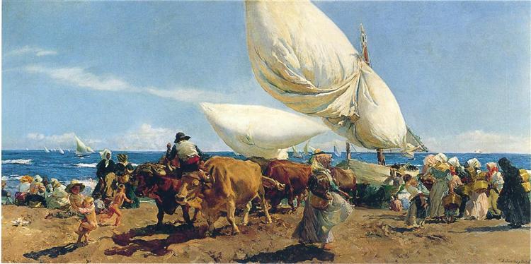 Arrival of the Fishing Boats on the beach, Valencia, 1898 - 霍金‧索羅亞