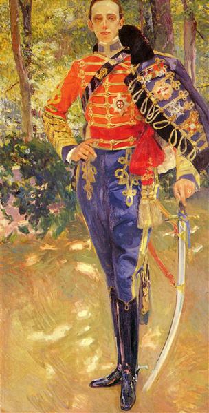 Portrait of King Alfonso XIII in the uniform of the hussars, 1907 - 霍金‧索羅亞