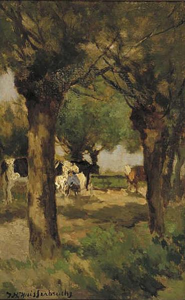 Milking cows underneath the willows - Иохан Хендрик Вейсенбрух