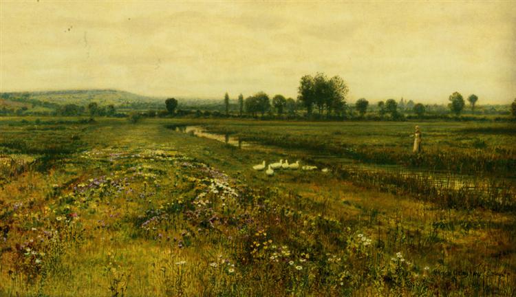 An Extensive Meadow Landscape with Geese by a Stream, 1892 - John Atkinson Grimshaw