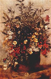 Autumn berries and flowers in brown pot - John Constable