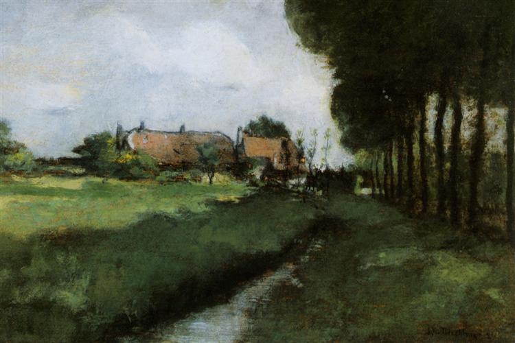 Landscape With Houses and Stream, 1881 - Джон Генри Твахтман (Tуоктмен)