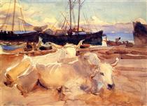 Oxen on the Beach at Baia - Джон Сінгер Сарджент