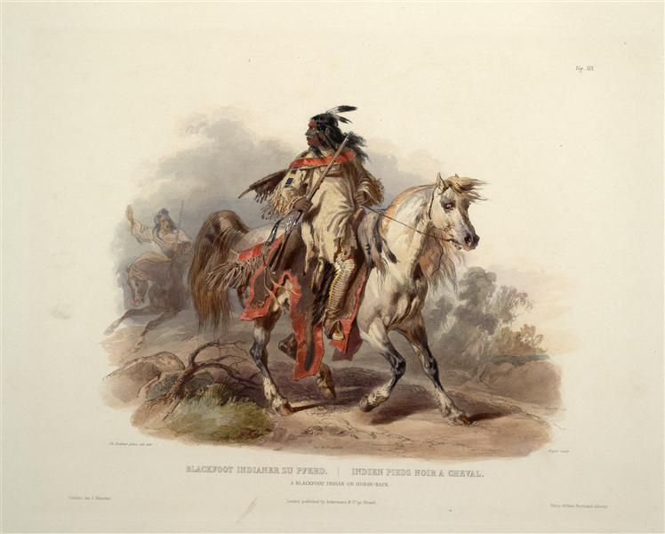 A Blackfoot Indian on Horseback, plate 19 from Volume 1 of 'Travels in the Interior of North America', 1843 - Карл Бодмер