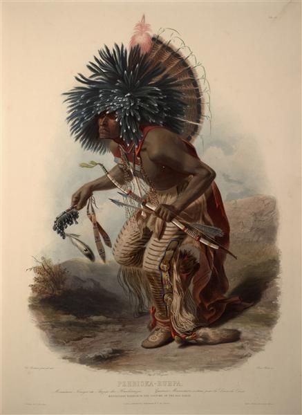 Pehriska-Ruhpa, Minatarre Warrior in the Costume of the Dog Dance, plate 23 from Volume 2 of 'Travels in the Interior of North America', 1844 - Карл Бодмер