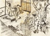 A man is watching a beautiful woman - Hokusai