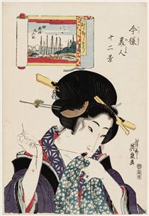 (Otonashisô, Tsukuda Shinchi no irifune), from the series Twelve Views of Modern Beauties (Imayô bijin jûni kei) - Кейсай Ейсен