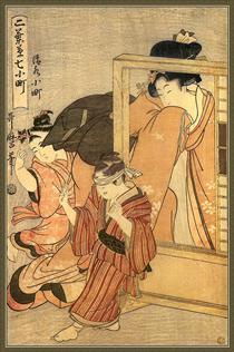 A Woman Watches Two Children - Utamaro