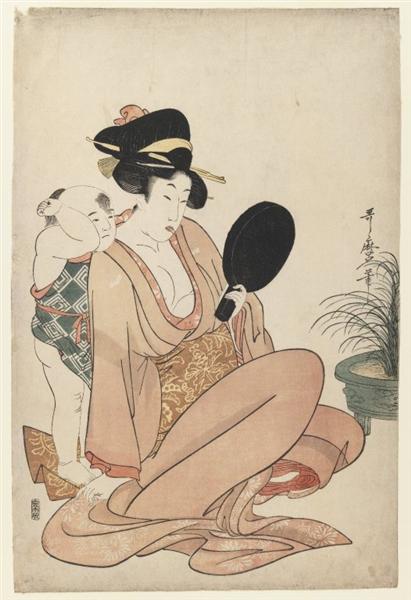 Mother and Child Gazing at a Hand Mirror, 1794 - 1805 - Utamaro