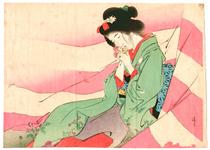 Bijin in pink and white curtain - Kiyokata Kaburagi