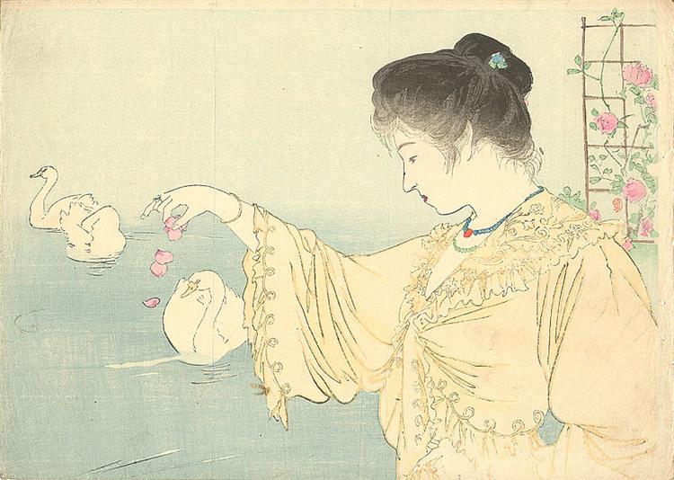 Woman and white swans, 1906 - Киёката Кабураги