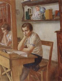 The girl at the desk - Kouzma Petrov-Vodkine