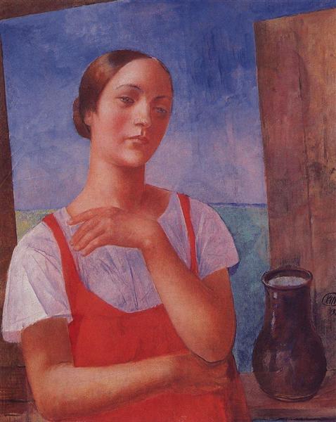 The girl in sarafan, 1928 - Kusma Sergejewitsch Petrow-Wodkin