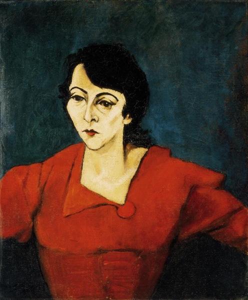 Woman in Red with Green Background, 1929 - Лайош Тихань
