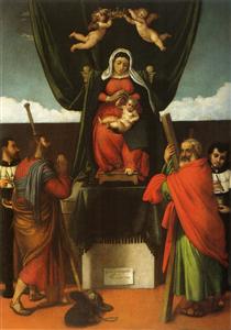 Madonna and Child Enthroned with Four Saints - Лоренцо Лотто