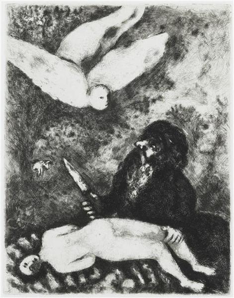 Abraham is going to sacrifice his son according to the order of God (Genesis, XXII, 9 14), c.1956 - Marc Chagall