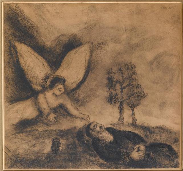 Being asleep in the desert where he had retired to wait for the death, Elijah has been  awakened and cheered by an angel (I Kings, XIX, 5-8), c.1956 - Marc Chagall