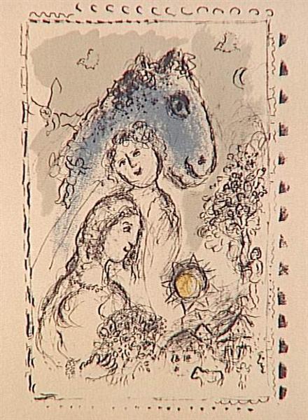 Blue Horse with the couple, 1982 - Marc Chagall