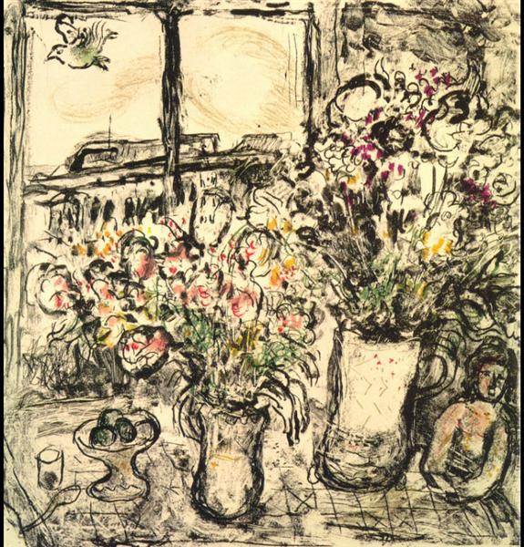 Flowers in front of window, 1967 - Марк Шагал