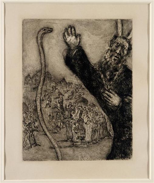 Moses casts his stick that transformed into a snake on the orders of the Lord, that referred to Aaron and Moses, when they had visited Pharaoh (Exodus, IV, 1-5, VII, 8-13), c.1931 - Марк Шагал