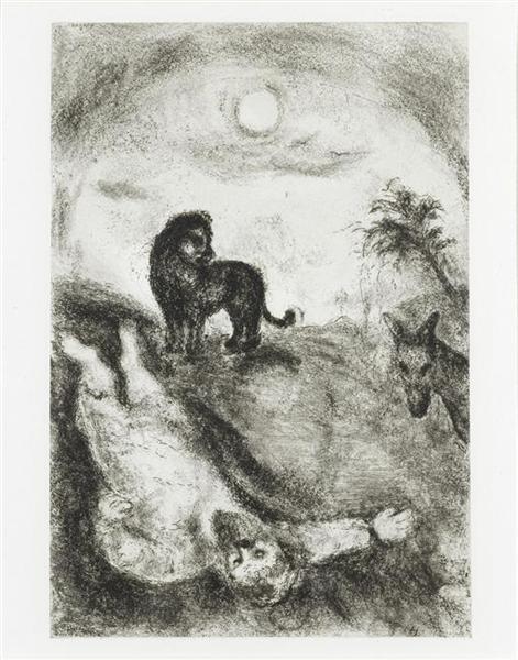 Rebellious prophet was killed by a lion (I Kings, XIII, 24 28), c.1956 - Marc Chagall