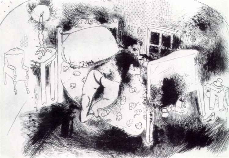 Tchitchikov on his bed, c.1923 - Марк Шагал