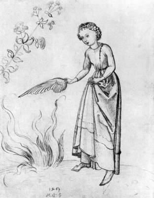 Young Woman Fanning a fire with a bird's wing, 1469 - 馬丁‧松高爾