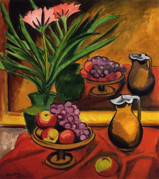 Still Life with Mirror Clivia, Fruit and Jug, 1917 - Макс Пехштейн