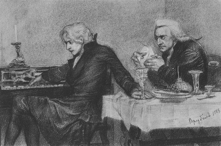 Salieri pours poison into a Mozart's glass, 1884 - Mikhaïl Vroubel
