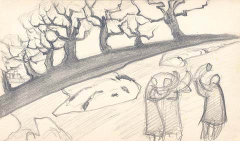 Sketch with trees and people with buggles, 1919 - Nikolái Roerich