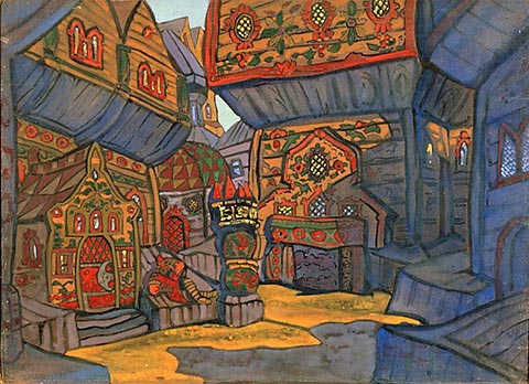 The court of Prince Vladimir Galitsky (Study of scene design for "Prince Igor"), 1914 - Nikolái Roerich