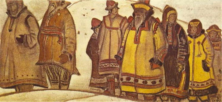 The scene with eight figures in costumes, 1913 - Микола Реріх