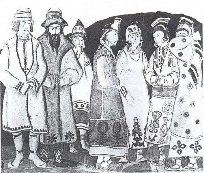 The scene with seven figures in costumes, 1920 - Микола Реріх