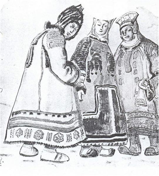 The scene with three figures in costumes, 1920 - Nikolái Roerich